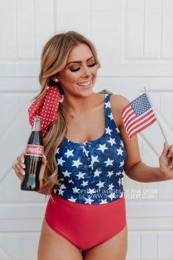 PINK DESERT BUTTON FRONT MIDKINI SWIM TOP IN SPANGLED STAR PRINT 11 PINK DESERT BUTTON FRONT MIDKINI SWIM TOP IN SPANGLED STAR PRINT