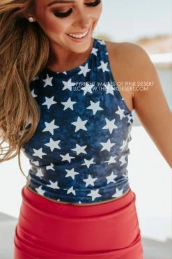 PINK DESERT HIGH NECK RACERBACK ZIPPER MIDKINI SWIM TOP IN SPANGLED STAR PRINT