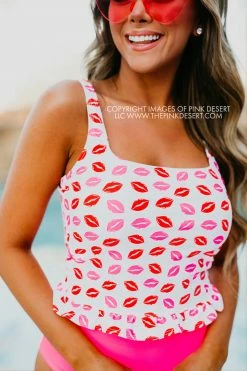 SASSY RED LIPSTICK X PINK DESERT MINI RUFFLE CROP PEPLUM SWIM TOP IN SASSY LIP PRINT