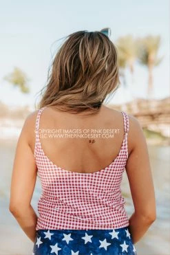 PINK DESERT TIE FRONT BLOUSON TANKINI SWIM TOP IN SUMMER GINGHAM 21 PINK DESERT TIE FRONT BLOUSON TANKINI SWIM TOP IN SUMMER GINGHAM