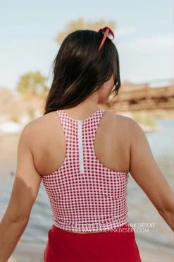 PINK DESERT HIGH NECK RACERBACK ZIPPER MIDKINI SWIM TOP IN SUMMER GINGHAM