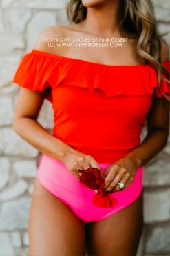 SASSY RED LIPSTICK X PINK DESERT RUFFLE MIDKINI IN POPPY 10 SASSY RED LIPSTICK X PINK DESERT RUFFLE MIDKINI IN POPPY