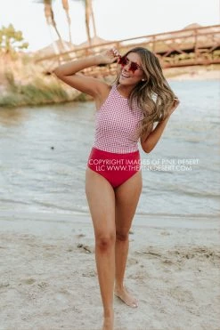 PINK DESERT HIGH NECK RACERBACK ZIPPER MIDKINI SWIM TOP IN SUMMER GINGHAM
