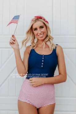 PINK DESERT BUTTON FRONT MIDKINI SWIM TOP IN INDIGO