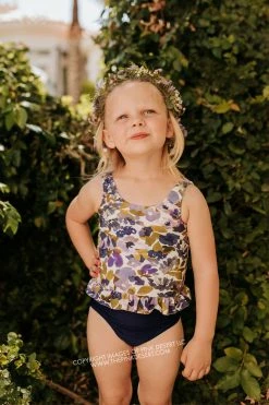 PINK DESERT GIRLS MINI RUFFLE PEPLUM SWIMSUIT SET IN WILD LAVENDER AND INDIGO