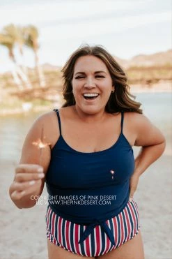 PINK DESERT TIE FRONT BLOUSON TANKINI SWIM TOP IN INDIGO