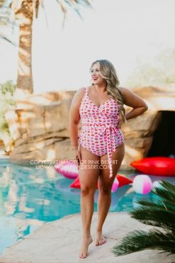 SWIM SASSY RED LIPSTICK X PINK DESERT SARAH WRAP ONE PIECE IN SASSY LIP PRINT