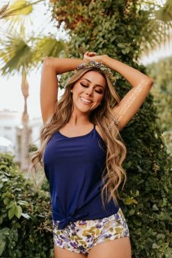 PINK DESERT TIE FRONT BLOUSON TANKINI SWIM TOP IN INDIGO