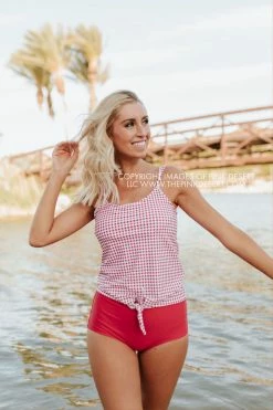 PINK DESERT TIE FRONT BLOUSON TANKINI SWIM TOP IN SUMMER GINGHAM 23 PINK DESERT TIE FRONT BLOUSON TANKINI SWIM TOP IN SUMMER GINGHAM