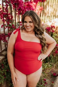 PINK DESERT RUCHED ONE SHOULDER ONE PIECE SWIMSUIT IN CHERRY RED