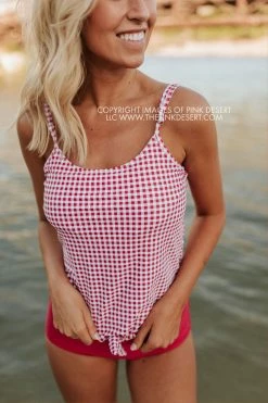 PINK DESERT TIE FRONT BLOUSON TANKINI SWIM TOP IN SUMMER GINGHAM 22 PINK DESERT TIE FRONT BLOUSON TANKINI SWIM TOP IN SUMMER GINGHAM