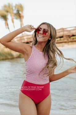 PINK DESERT HIGH NECK RACERBACK ZIPPER MIDKINI SWIM TOP IN SUMMER GINGHAM