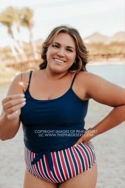 PINK DESERT TIE FRONT BLOUSON TANKINI SWIM TOP IN INDIGO