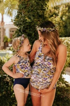 PINK DESERT GIRLS MINI RUFFLE PEPLUM SWIMSUIT SET IN WILD LAVENDER AND INDIGO