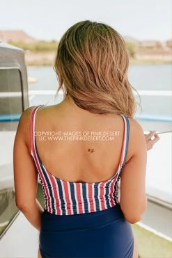 PINK DESERT BUTTON FRONT MIDKINI SWIM TOP IN AMERICANA STRIPE