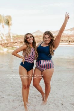 PINK DESERT HIGH NECK RACERBACK ZIPPER MIDKINI SWIM TOP IN AMERICANA STRIPE