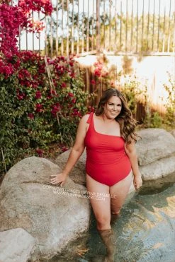 PINK DESERT RUCHED ONE SHOULDER ONE PIECE SWIMSUIT IN CHERRY RED