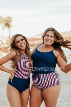 PINK DESERT HIGH NECK RACERBACK ZIPPER MIDKINI SWIM TOP IN AMERICANA STRIPE