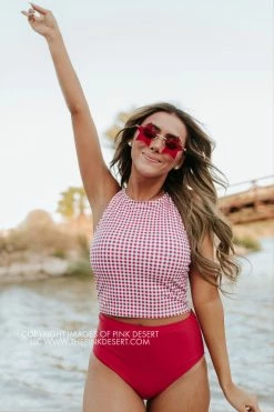 PINK DESERT HIGH NECK RACERBACK ZIPPER MIDKINI SWIM TOP IN SUMMER GINGHAM