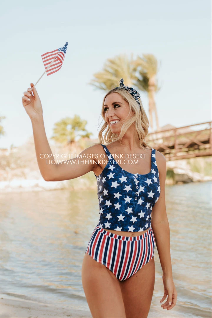 PINK DESERT BUTTON FRONT MIDKINI SWIM TOP IN SPANGLED STAR PRINT 4 PINK DESERT BUTTON FRONT MIDKINI SWIM TOP IN SPANGLED STAR PRINT