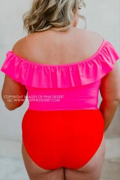 SASSY RED LIPSTICK X PINK DESERT RUFFLE MIDKINI IN VEGAS PINK