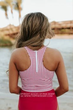 PINK DESERT HIGH NECK RACERBACK ZIPPER MIDKINI SWIM TOP IN SUMMER GINGHAM