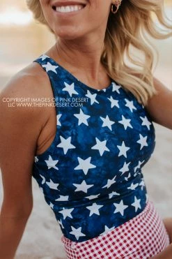 PINK DESERT HIGH NECK RACERBACK ZIPPER MIDKINI SWIM TOP IN SPANGLED STAR PRINT