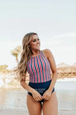 PINK DESERT HIGH NECK RACERBACK ZIPPER MIDKINI SWIM TOP IN AMERICANA STRIPE