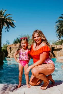SASSY RED LIPSTICK X PINK DESERT GIRLS MINI RUFFLE PEPLUM SWIMSUIT SET IN SASSY LIPS AND VEGAS PINK