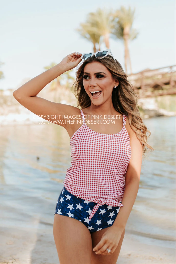 PINK DESERT TIE FRONT BLOUSON TANKINI SWIM TOP IN SUMMER GINGHAM 9 PINK DESERT TIE FRONT BLOUSON TANKINI SWIM TOP IN SUMMER GINGHAM