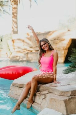 SASSY RED LIPSTICK X PINK DESERT MINI RUFFLE CROP PEPLUM SWIM TOP IN VEGAS PINK