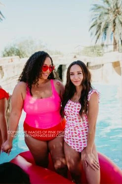 SASSY RED LIPSTICK X PINK DESERT MINI RUFFLE CROP PEPLUM SWIM TOP IN VEGAS PINK