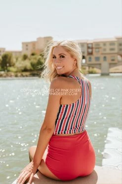 PINK DESERT HIGH NECK RACERBACK ZIPPER MIDKINI SWIM TOP IN AMERICANA STRIPE