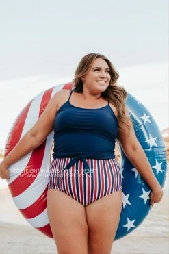 PINK DESERT TIE FRONT BLOUSON TANKINI SWIM TOP IN INDIGO