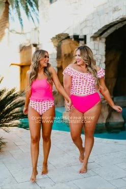 SASSY RED LIPSTICK X PINK DESERT MINI RUFFLE CROP PEPLUM SWIM TOP IN VEGAS PINK