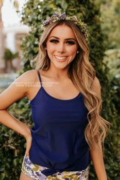 PINK DESERT TIE FRONT BLOUSON TANKINI SWIM TOP IN INDIGO