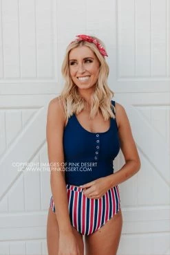 PINK DESERT BUTTON FRONT MIDKINI SWIM TOP IN INDIGO