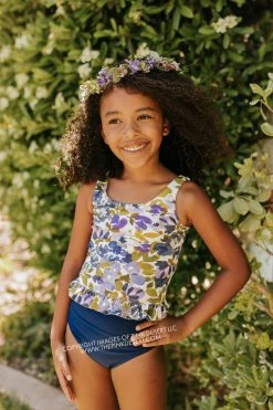 PINK DESERT GIRLS MINI RUFFLE PEPLUM SWIMSUIT SET IN WILD LAVENDER AND INDIGO