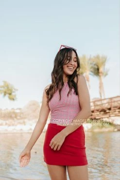 PINK DESERT HIGH NECK RACERBACK ZIPPER MIDKINI SWIM TOP IN SUMMER GINGHAM