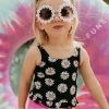 PINK DESERT GIRLS MINI RUFFLE PEPLUM SWIMSUIT SET IN LA LA DAISY AND NEON LILAC
