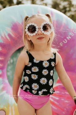 PINK DESERT GIRLS MINI RUFFLE PEPLUM SWIMSUIT SET IN LA LA DAISY AND NEON LILAC