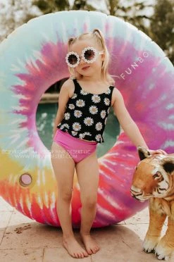 PINK DESERT GIRLS MINI RUFFLE PEPLUM SWIMSUIT SET IN LA LA DAISY AND NEON LILAC