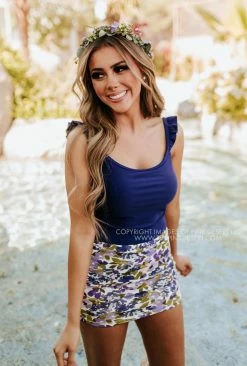 PINK DESERT SWEETY FLUTTER CROP SWIM TOP IN INDIGO