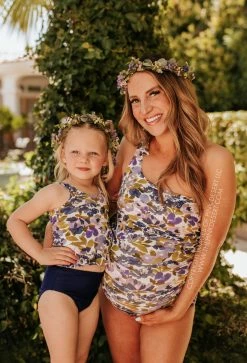 PINK DESERT GIRLS MINI RUFFLE PEPLUM SWIMSUIT SET IN WILD LAVENDER AND INDIGO