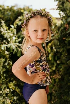 PINK DESERT GIRLS MINI RUFFLE PEPLUM SWIMSUIT SET IN WILD LAVENDER AND INDIGO