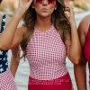 PINK DESERT HIGH NECK RACERBACK ZIPPER MIDKINI SWIM TOP IN SUMMER GINGHAM