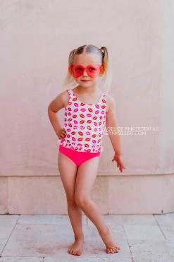 SASSY RED LIPSTICK X PINK DESERT GIRLS MINI RUFFLE PEPLUM SWIMSUIT SET IN SASSY LIPS AND VEGAS PINK