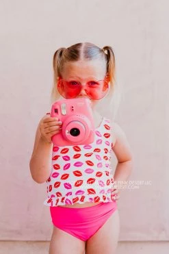 SASSY RED LIPSTICK X PINK DESERT GIRLS MINI RUFFLE PEPLUM SWIMSUIT SET IN SASSY LIPS AND VEGAS PINK