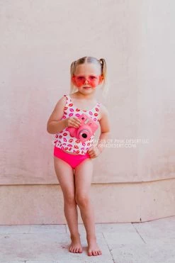 SASSY RED LIPSTICK X PINK DESERT GIRLS MINI RUFFLE PEPLUM SWIMSUIT SET IN SASSY LIPS AND VEGAS PINK