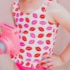 SASSY RED LIPSTICK X PINK DESERT GIRLS MINI RUFFLE PEPLUM SWIMSUIT SET IN SASSY LIPS AND VEGAS PINK